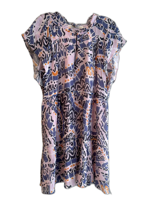 Marie Oliver Size 1 Pink, Blue & Gold Rayon & Silk Ikat Ruffle Neckline Dress Pink, Blue & Gold / 1