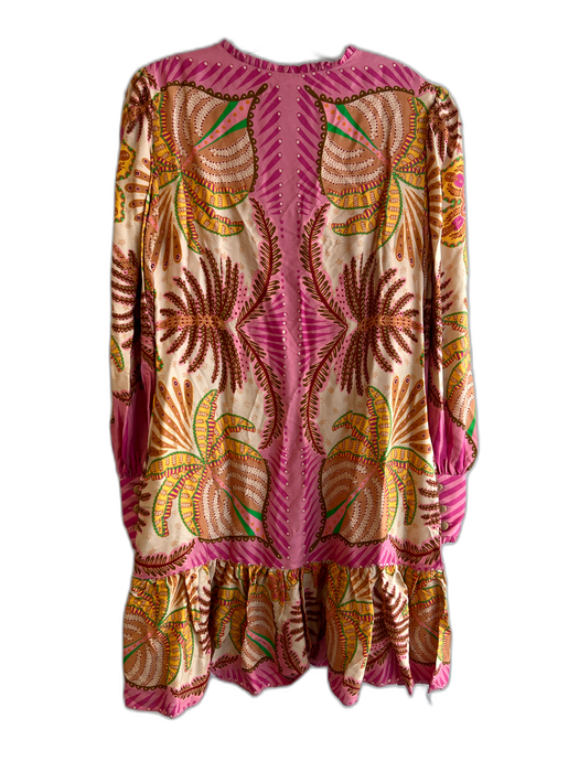Farm Rio Size Large Pink, Yellow & Green Viscose Deep V Neck Buttons Dress Pink, Yellow & Green / Large