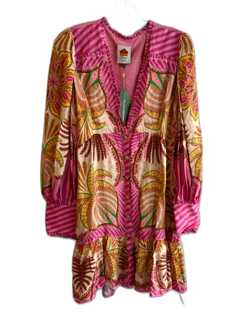 Farm Rio Size Large Pink, Yellow & Green Viscose Deep V Neck Buttons Dress Pink, Yellow & Green / Large