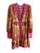 Farm Rio Size Large Pink, Yellow & Green Viscose Deep V Neck Buttons Dress Pink, Yellow & Green / Large