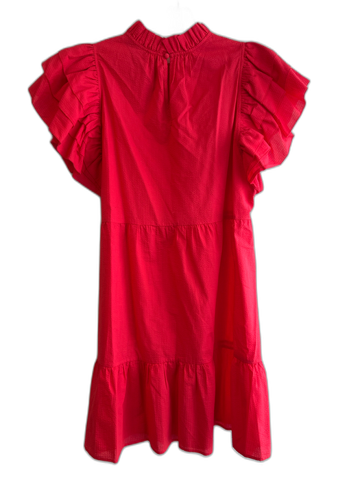Marie Oliver Size Medium Red Cotton High Ruffle Neck Tiered Short Sleeve Dress Red / Medium