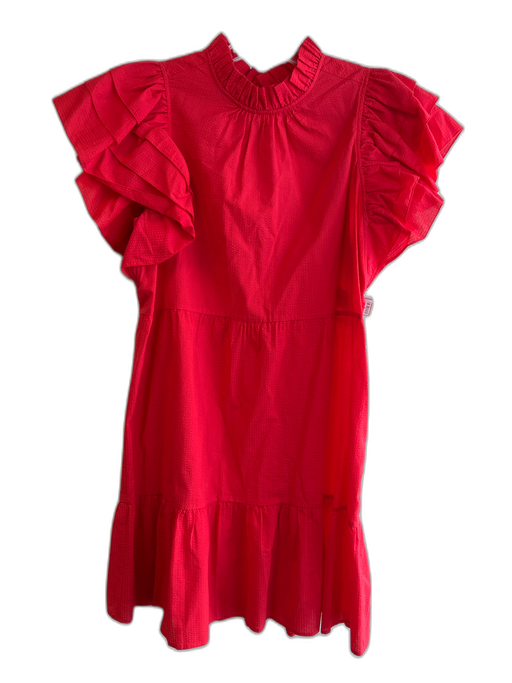 Marie Oliver Size Medium Red Cotton High Ruffle Neck Tiered Short Sleeve Dress Red / Medium