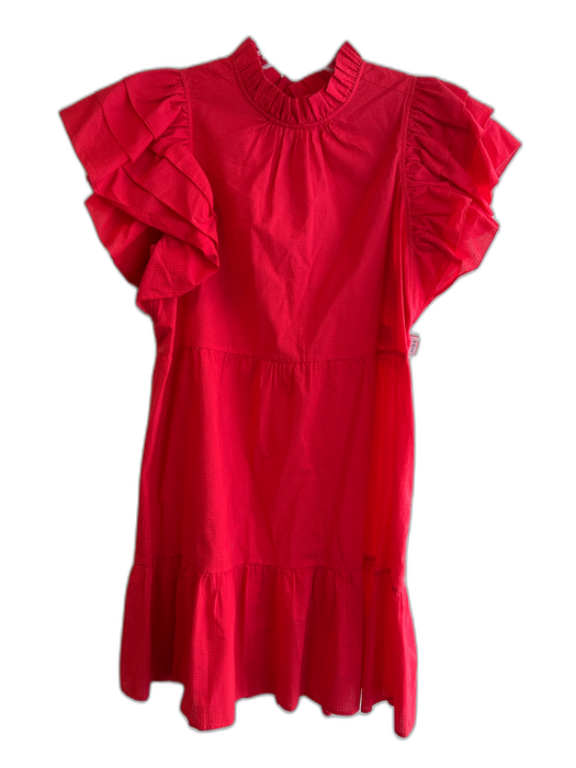 Marie Oliver Size Medium Red Cotton High Ruffle Neck Tiered Short Sleeve Dress Red / Medium