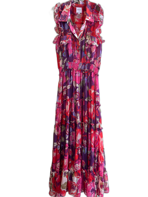 Misa Size Large Red, Pink & Purple No Fabric Tag Floral Tiered Collared Dress Red, Pink & Purple / Large
