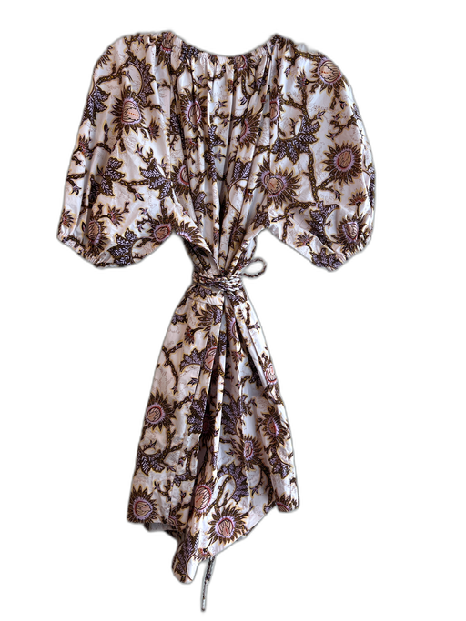 A.L.C. Size 12 White, Brown & Multi Cotton Abstract Floral Elastic Waist Dress White, Brown & Multi / 12