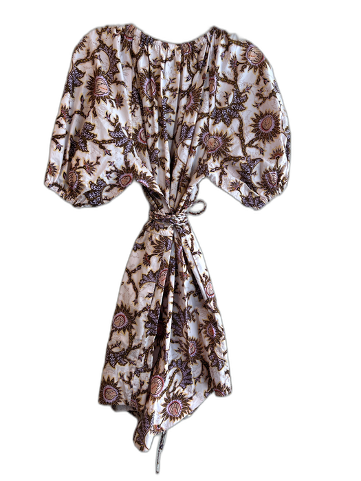 A.L.C. Size 12 White, Brown & Multi Cotton Abstract Floral Elastic Waist Dress White, Brown & Multi / 12