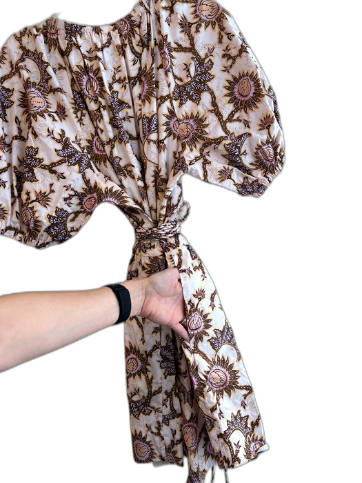 A.L.C. Size 12 White, Brown & Multi Cotton Abstract Floral Elastic Waist Dress White, Brown & Multi / 12