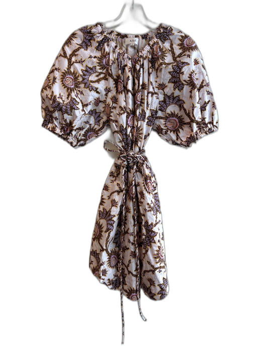 A.L.C. Size 12 White, Brown & Multi Cotton Abstract Floral Elastic Waist Dress White, Brown & Multi / 12