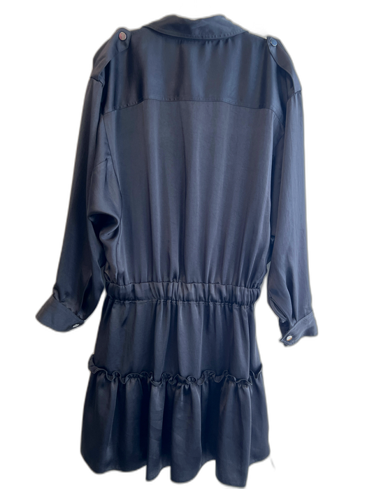 Ramy Brook Size Large Black Polyester Collared Snap Closure Pull at Waist Dress Black / Large