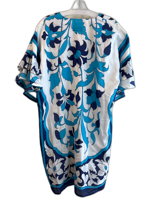 Bell Size XL Blue & White Cotton & Silk V Neck Abstract Print Short Sleeve Dress Blue & White / XL