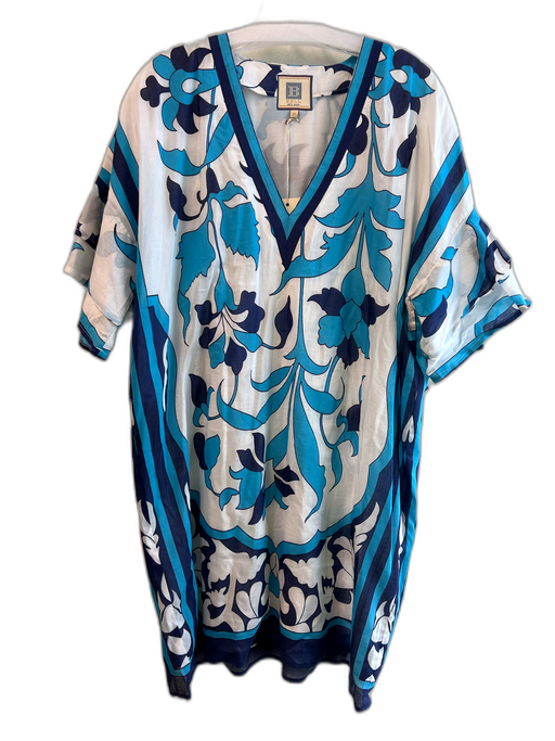 Bell Size XL Blue & White Cotton & Silk V Neck Abstract Print Short Sleeve Dress Blue & White / XL