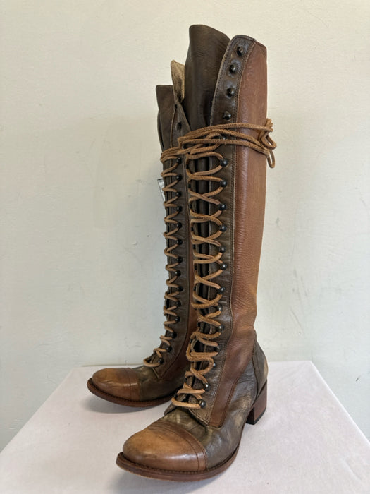 Freebird Shoe Size 9 Brown Leather Brushed Lace Up Western Knee High Boots