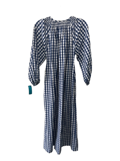 Lake Size XS Navy & white Cotton Gingham 3/4 Sleeve Round split neck Shift Dress Navy & white / XS