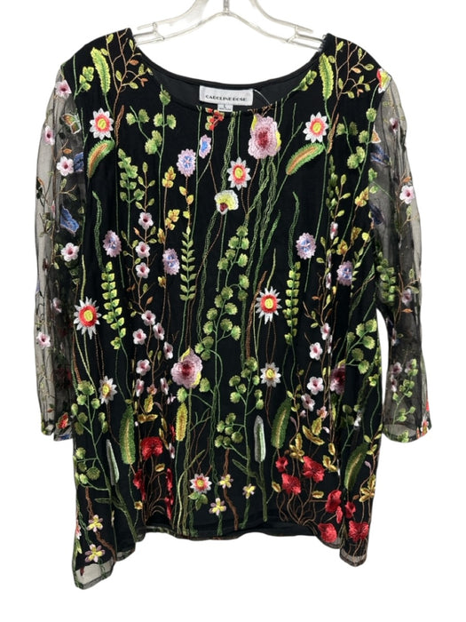 Caroline Rose Size Large Black & Multi Polyester Long Sheer Sleeves Top Black & Multi / Large