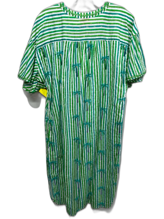 Nimo Size M White, Green & Blue Cotton Striped Metallic Thread Embroidered Dress White, Green & Blue / M