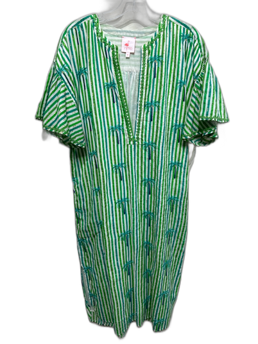 Nimo Size M White, Green & Blue Cotton Striped Metallic Thread Embroidered Dress White, Green & Blue / M