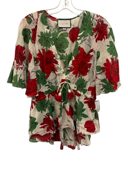 Alexis Size XL Cream White, Red & Green Cotton 1/2 Flutter Sleeve V Neck Top Cream White, Red & Green / XL