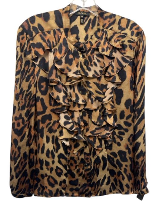 Escada Size 36 Gold, Brown & Black Silk Long Sleeve Animal Print Ruffles Top Gold, Brown & Black / 36