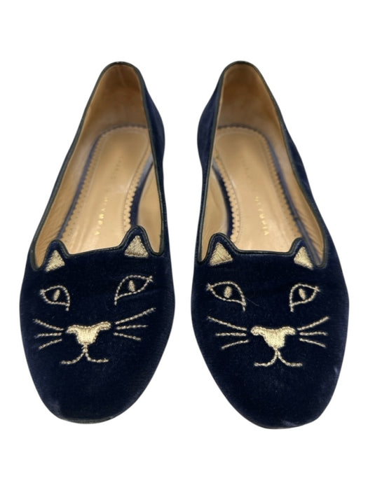 Charlotte Olympia Shoe Size 37 Navy Blue Velvet Round Toe Cat Face Flats Navy Blue / 37