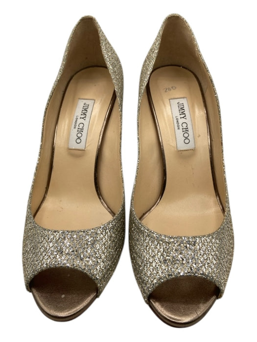 Jimmy Choo Shoe Size 41 Silver & Gold Leather Mesh Overlay Open Toe Wedge Pumps Silver & Gold / 41