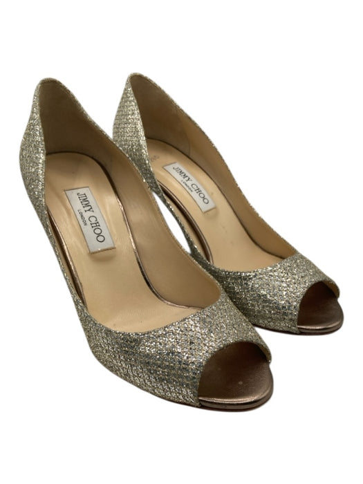 Jimmy Choo Shoe Size 41 Silver & Gold Leather Mesh Overlay Open Toe Wedge Pumps Silver & Gold / 41