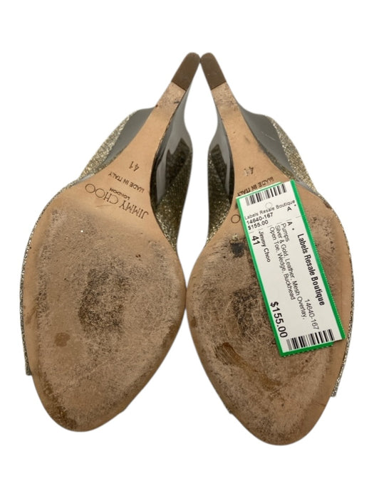 Jimmy Choo Shoe Size 41 Silver & Gold Leather Mesh Overlay Open Toe Wedge Pumps Silver & Gold / 41