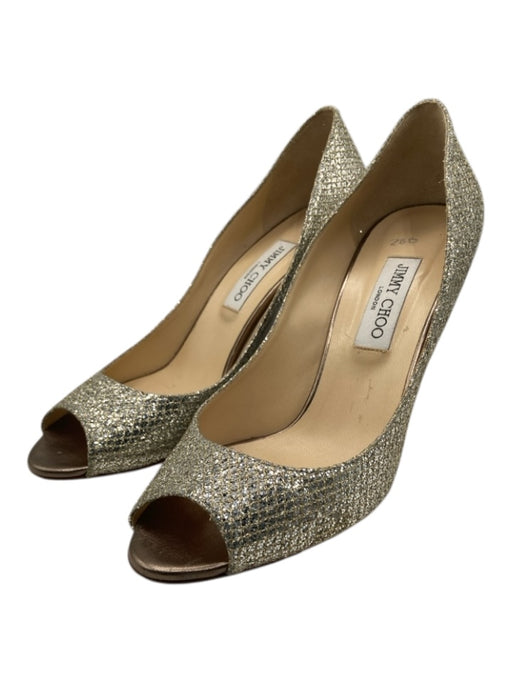 Jimmy Choo Shoe Size 41 Silver & Gold Leather Mesh Overlay Open Toe Wedge Pumps Silver & Gold / 41