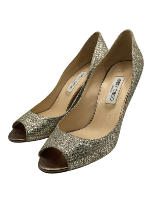 Jimmy Choo Shoe Size 41 Silver & Gold Leather Mesh Overlay Open Toe Wedge Pumps Silver & Gold / 41