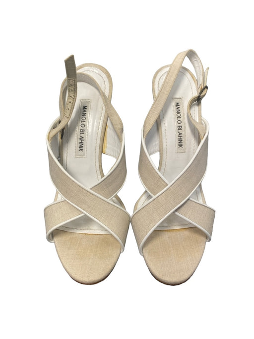 Manolo Blahnik Shoe Size 37.5 Tan & White Linen & Leather open toe Shoes Tan & White / 37.5