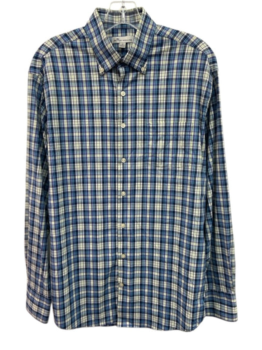 Peter Millar Size M Green & White Synthetic Plaid Button Up Long Sleeve Shirt Green & White / M