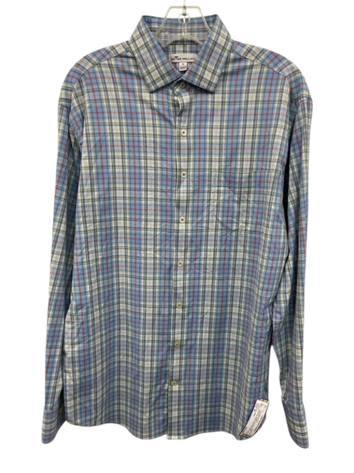Peter Millar Size M Light Blue & White Synthetic Plaid Men's Long Sleeve Shirt Light Blue & White / M