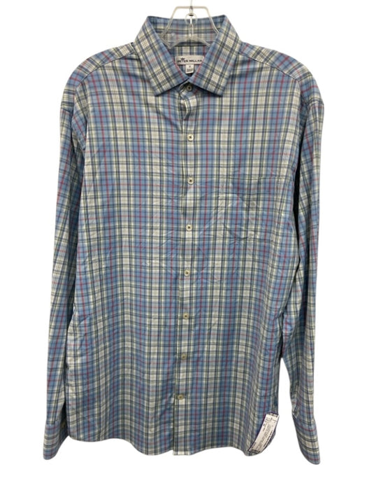 Peter Millar Size M Light Blue & White Synthetic Plaid Men's Long Sleeve Shirt Light Blue & White / M