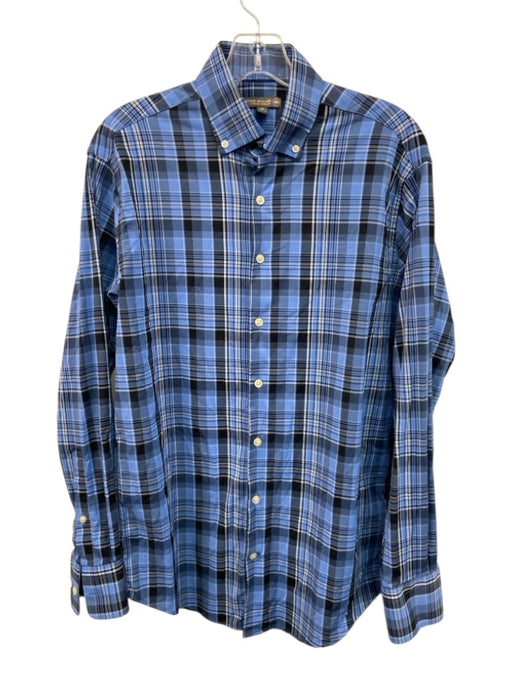 Peter Millar Size M Blue Synthetic Plaid Button Up Athleisure Long Sleeve Shirt Blue / M