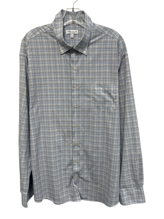 Peter Millar Size XL White & Blue Synthetic Plaid Athletic Long Sleeve Shirt White & Blue / XL
