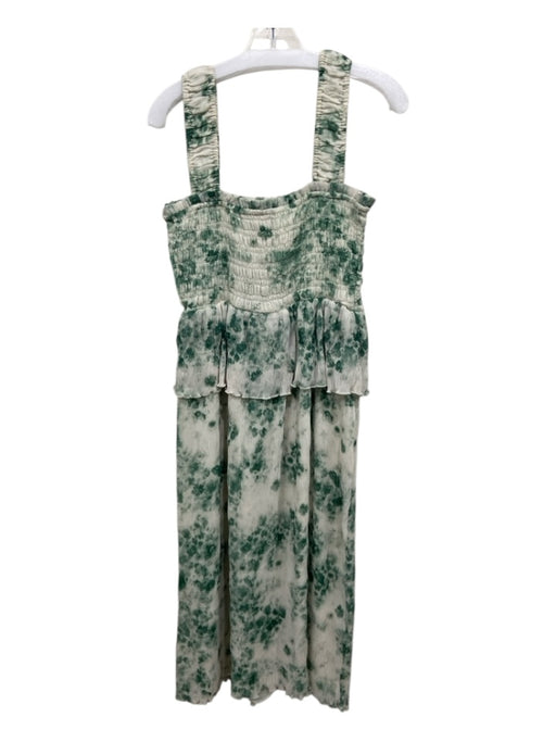 Ganni Size S / 40 Cream & Green Polyester Shirred Square Neck Sleeveless Dress Cream & Green / S / 40