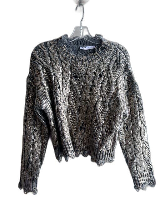 Zara Size Large Blue & Gold No Fabric Tag Cable Knit Distressed Shiny Sweater Blue & Gold / Large