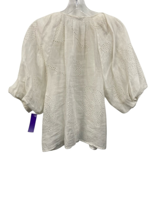 Frame Size M White Ramie Button Front Crochet Lace Tie Detail Puff Sleeve Top White / M