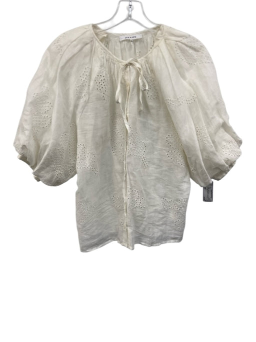 Frame Size M White Ramie Button Front Crochet Lace Tie Detail Puff Sleeve Top White / M