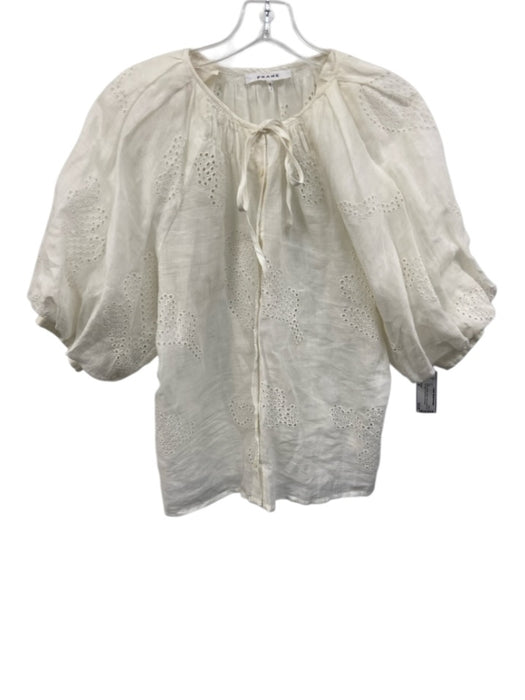 Frame Size M White Ramie Button Front Crochet Lace Tie Detail Puff Sleeve Top White / M
