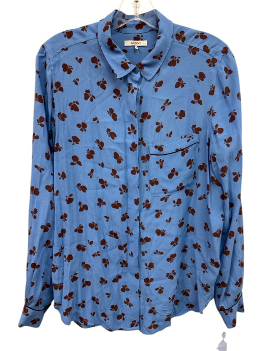 Ganni Size 36 Blue & Brown Viscose Floral Long Sleeve Button Up Pocket Top Blue & Brown / 36