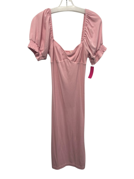 FP Beach Size XS Pink Poly Blend Puff Sleeves Ribbed Midi Dress Pink / XS