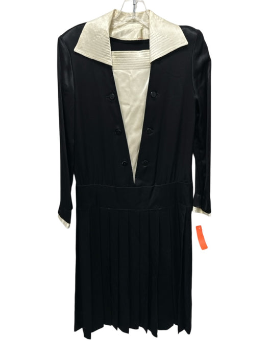 Albert Nipon Black & Cream Satin Button Detail Pleated Dress Black & Cream