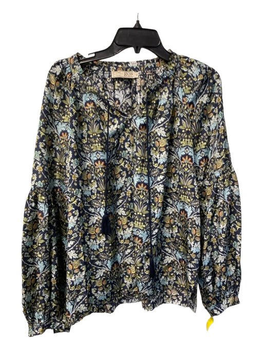Go Silk Size M Navy & Multi Silk 3/4 Button Stretch Ankle Floral Long Sleeve Top Navy & Multi / M