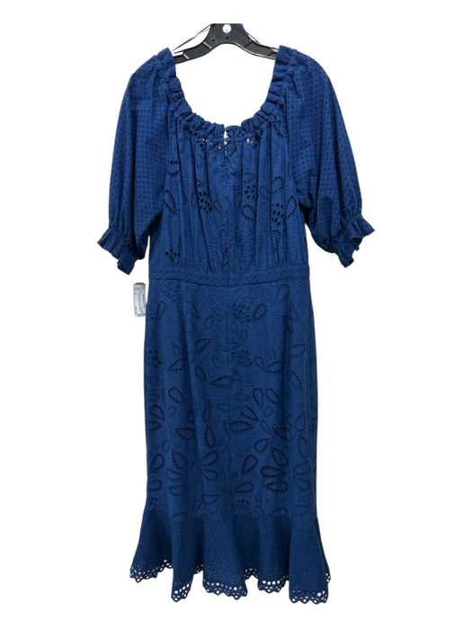 Saloni Size 10 Blue Cotton Eyelet Lace Puff 1/2 Sleeve Front Slit Dress Blue / 10