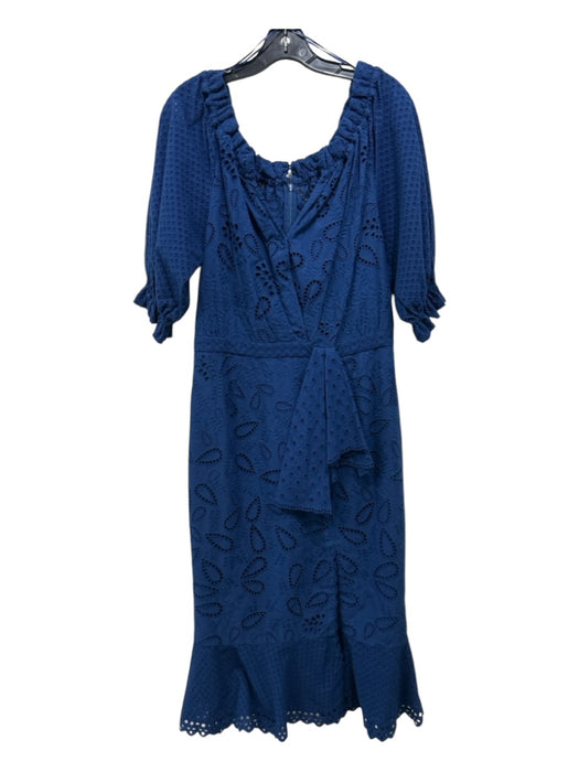 Saloni Size 10 Blue Cotton Eyelet Lace Puff 1/2 Sleeve Front Slit Dress Blue / 10