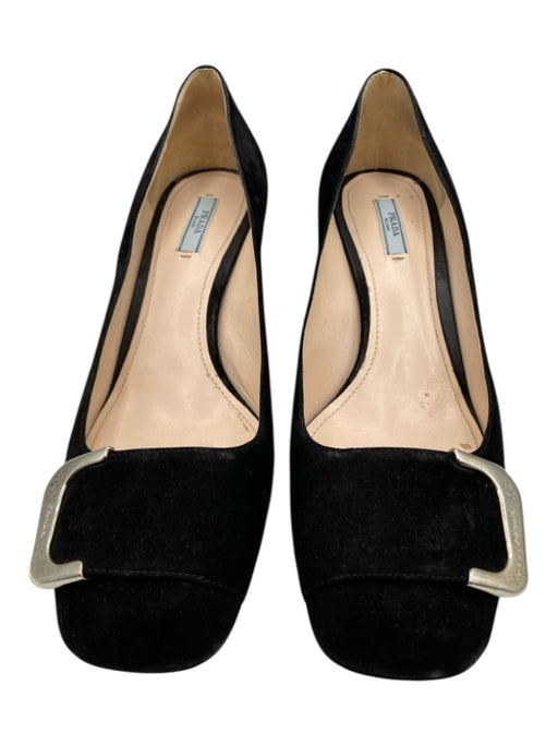 Prada Shoe Size 41 Black Suede Silver Hardware Buckle Kitten Heel Pumps Black / 41