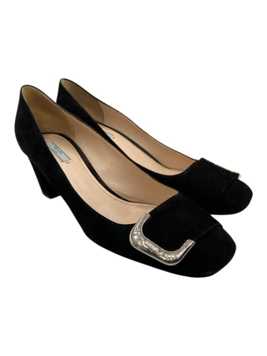 Prada Shoe Size 41 Black Suede Silver Hardware Buckle Kitten Heel Pumps Black / 41