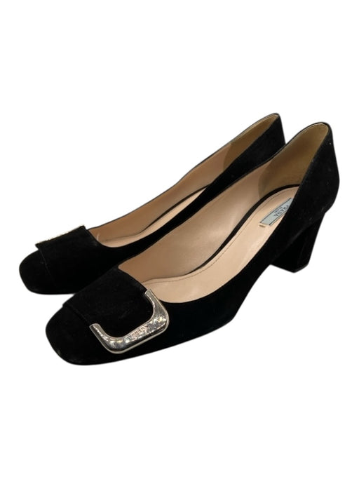 Prada Shoe Size 41 Black Suede Silver Hardware Buckle Kitten Heel Pumps Black / 41
