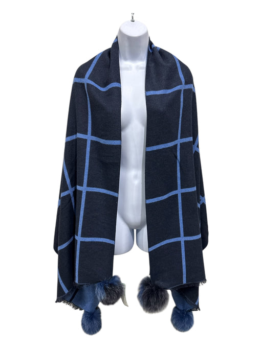 Sara Campbell Navy & Blue No Fabric Tag Pom pom detail Grid Pattern scarf Navy & Blue