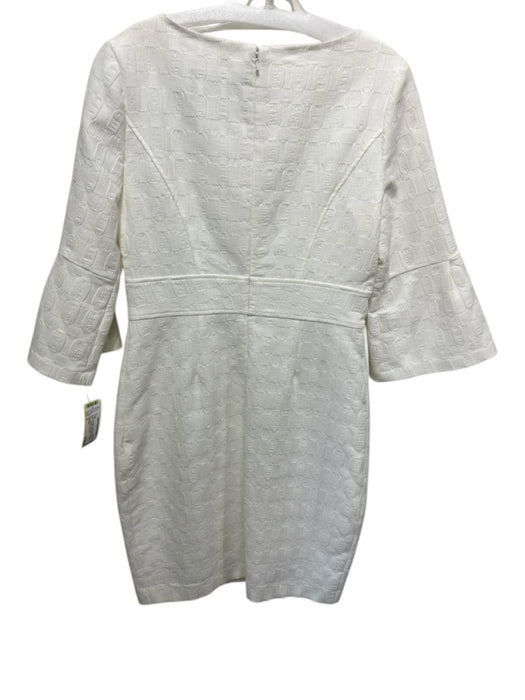 Lela Rose Size 8 Off White Cotton Blend Wide Neck Textured 3/4 Sleeve Dress Off White / 8